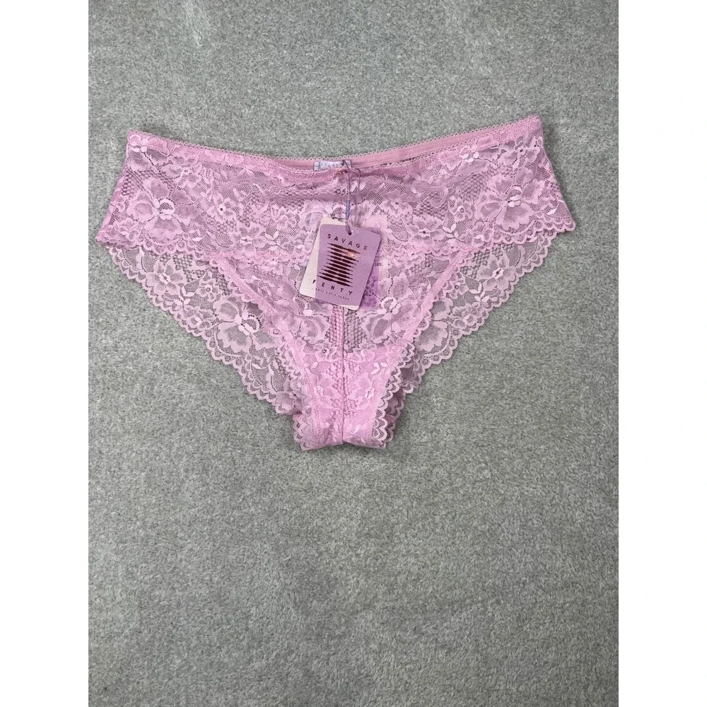 Savage X Fenty Lace Bikini Panties 1X Pink Floral Scalloped Sheer Lingerie New